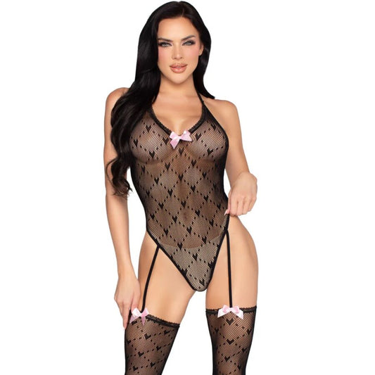 LEG AVENUE - 89360 OPEN BACK BODYSUIT WITH GARTER BELT BLACK- ONE SIZE